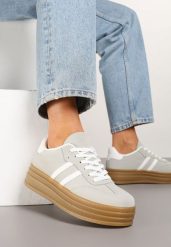 Beżowo-Szare Sneakersy Tenisówki z Ozdobnymi Paskami Mirnelis. Brązowe trampki i tenisówki damskie Born2be, bez wzorów, z jeansu. Za 89.99 zł.