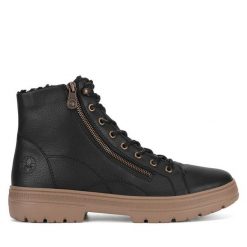 Botki Rieker. Czarne botki damskie Rieker, bez obcasa, na płaskiej podeszwie, bez zapięcia. Za 295.99 zł.
