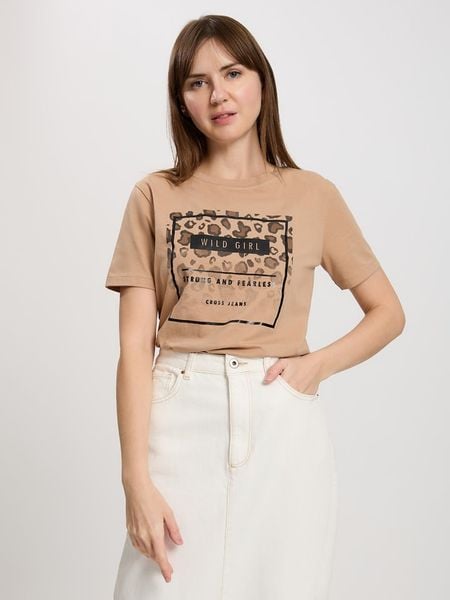Cross Jeans Koszulka w kolorze beżowym rozmiar: S. Brązowe bluzki damskie Cross Jeans, s, bez wzorów, z jeansu, bez kołnierzyka, bez ramiączek. Za 52.55 zł.