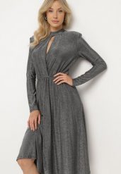 Srebrna Koktajlowa Sukienka z Metaliczną Nicią Mianella. Szare sukienki damskie Born2be, l, z aplikacjami, eleganckie, bez kołnierzyka, bez ramiączek, midi. Za 119.99 zł.