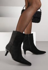 Czarne Botki na Stożku z Imitacji Zamszu Avinella. Czarne botki damskie Renee, bez obcasa, na obcasie, bez zapięcia. Za 139.99 zł.