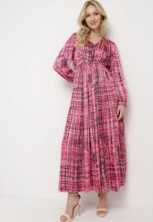 Fuksjowa Sukienka Maxi z Gumką w Talii i Plisowanym Dołem w Tweedowy Wzór Viostana. Czerwone sukienki damskie Born2be, na co dzień, l, bez wzorów, eleganckie, bez kołnierzyka, bez ramiączek, maxi, plisowane. W wyprzedaży za 135.99 zł.