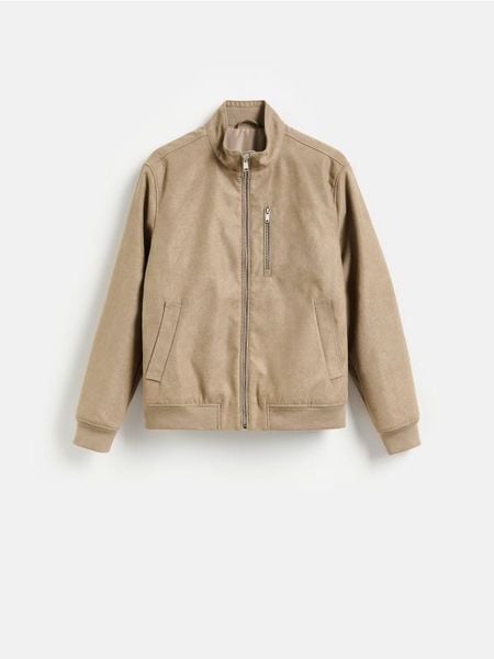 Kurtka bomber z imitacji zamszu - beżowy. Brązowe kurtki męskie Reserved, l, bez wzorów, bez kaptura. Za 259.99 zł.
