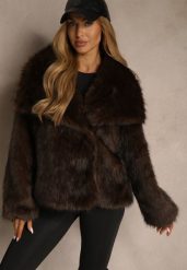 Brązowa Kurtka Futerko o Kroju Oversize z Szerokim Kołnierzem Reissa. Brązowe kurtki damskie Renee, bez wzorów, z futra, bez kaptura. Za 219.99 zł.