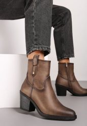 Beżowe Botki na Stożku w Stylu Kowbojek z Ozdobnym Paskiem Naraya. Brązowe botki damskie Born2be, z jeansu, eleganckie, bez obcasa, na obcasie, bez zapięcia. Za 169.99 zł.