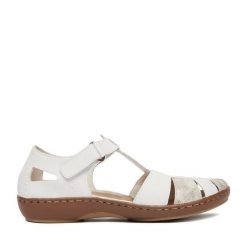 Sandały Rieker. Białe sandały damskie Rieker, bez wzorów, bez obcasa, na płaskiej podeszwie. Za 339.99 zł.