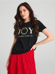 Koszulka świąteczna - czarny. Czarne t-shirty damskie Sinsay, l, bez wzorów, z bawełny, bez kołnierzyka. Za 19.99 zł.