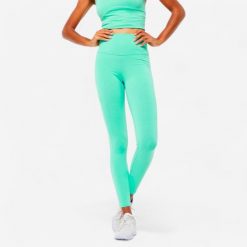Legginsy fitness damskie Domyos 520. Zielone legginsy damskie DOMYOS, l, bez wzorów, z bawełny, z podwyższonym stanem, na fitness i siłownię. Za 69.99 zł.