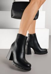 Czarne Botki na Platformie z Tłoczeniem i Stożku Latamea. Czarne botki damskie Renee, z jeansu, eleganckie, bez obcasa, na obcasie, bez zapięcia. Za 149.99 zł.