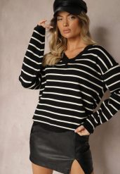 Czarno-Beżowy Sweter z Dodatkiem Wiskozy Ozdobiony Paskami i Ściągaczami Tariline. Czarne swetry klasyczne damskie Renee, s, z jeansu, bez kołnierzyka. Za 74.99 zł.
