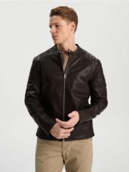 Kurtka Biker - brązowy. Brązowe kurtki męskie Sinsay, l, bez wzorów, ze skóry, bez kaptura. Za 89.99 zł.