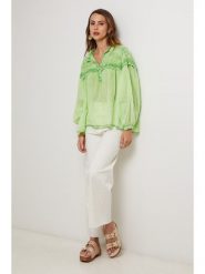 Lin Passion Bluzka w kolorze zielonym rozmiar: 40/42. Zielone bluzki damskie Lin Passion, bez wzorów, z bawełny, klasyczne, bez kołnierzyka, bez ramiączek. Za 121.99 zł.