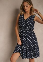 Granatowa Rozkloszowana Sukienka z Bawełną i Wiskozą ze Wzorem Kropek Lilamora. Niebieskie sukienki damskie Renee, na co dzień, na lato, l, bez wzorów, z bawełny, eleganckie, bez kołnierzyka, bez ramiączek, mini, kopertowe. W wyprzedaży za 45.49 zł.