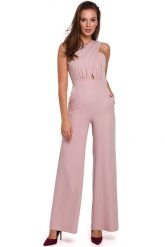 Pudrowa Elegancki Kombinezon z Przekładanym Przodem. Czarne kombinezony damskie MAKEOVER, l, bez wzorów, z elastanu, eleganckie, bez kołnierzyka, bez ramiączek. Za 204.91 zł.