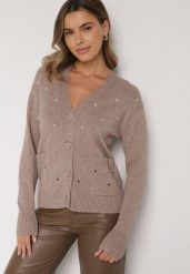 Beżowy Rozpinany Kardigan w Kropki Tusvanea. Brązowe kardigany damskie Born2be, l, bez wzorów, z jeansu. Za 79.99 zł.