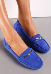 Niebieskie Mokasyny z Cholewką przed Kostkę z Przeszyciami i Ozdobnym Paskiem Alydora. Niebieskie mokasyny damskie Renee. Za 69.99 zł.