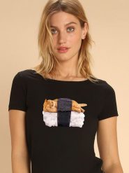 WOOOP Koszulka "Sushi Cat" w kolorze czarnym rozmiar: S. Czarne bluzki damskie Wooop, s, bez wzorów, bez kołnierzyka, bez ramiączek. Za 56.99 zł.