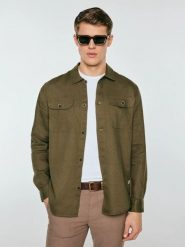 Lniana koszula męska khaki Workelin 303. Zielone koszule męskie Big Star, l, bez wzorów, z tkaniny, bez kołnierzyka, bez ramiączek. Za 249.99 zł.