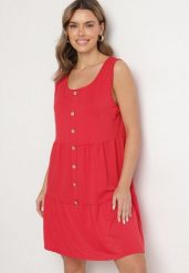 Czerwona Sukienka o Rozkloszowanym Kroju na Szerokich Ramiączkach z Guzikami Saniella. Czerwone sukienki damskie Born2be, na co dzień, na lato, l, bez wzorów, eleganckie, bez kołnierzyka, bez ramiączek, rozkloszowane. Za 39.99 zł.