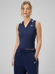 4F Top slim z kołnierzykiem damski - granatowy S. Niebieskie topy damskie 4f, s, bez wzorów, bez kołnierzyka. Za 79.99 zł.