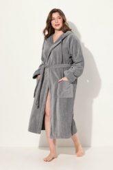 Damskie Szlafrok kaptur pasek trapezowy fason frotte. Szare szlafroki damskie Ulla Popken, plus size, bez wzorów, z bawełny, plus size. Za 349.99 zł.