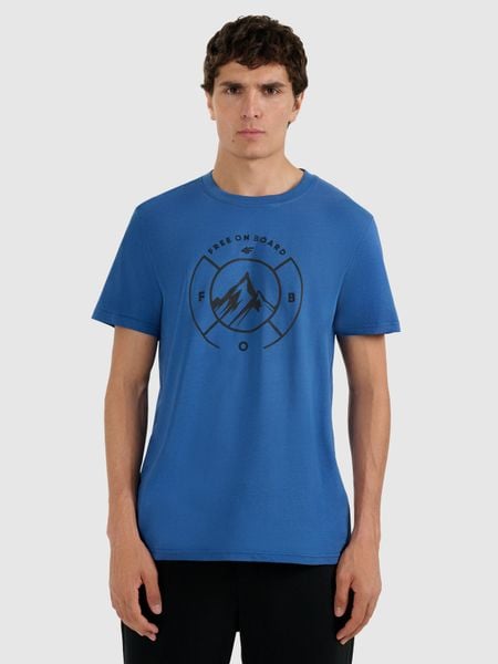 4F T-shirt regular z nadrukiem męski - niebieski M. Niebieskie t-shirty męskie 4f, m, bez wzorów, z materiału, bez kołnierzyka. Za 59.99 zł.