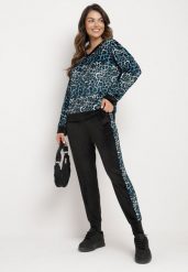 Niebiesko-Czarny Welurowy Komplet Dresowy w Panterkę Bluza i Spodnie z Lampasami Avathirae. Niebieskie bluzy bez kaptura damskie Born2be, uniwersalny, z dresówki. Za 129.99 zł.
