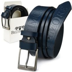 Beltimore Pasek Do Spodni Granatowy Jeans Skórzany Pas Skóra 527 : Kolory - Granatowy, Rozmiar Pasków - R.115-130 Cm. Niebieskie paski męskie z aplikacjami, z jeansu, eleganckie. Za 47.99 zł.
