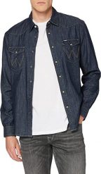 WRANGLER DENIM WESTERN SHIRT MĘSKA KOSZULA JEANSOWA DARK INDIGO W5M12AX1E 112130200. Niebieskie koszule męskie Wrangler, m, bez wzorów, z denimu, bez kołnierzyka, bez ramiączek. Za 159.99 zł.
