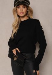 Czarny Sweter z Półgolfem Wiskozą i Modalem Ozdobiona Guzikami Emmitana. Czarne swetry klasyczne damskie Renee, l, z jeansu, bez kołnierzyka. Za 69.99 zł.
