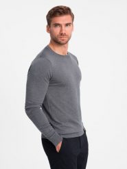 Klasyczny sweter męski z wiskozą BASIC z okrągłym dekoltem – szary melanż V1 - Rozmiar: L. Szare swetry męskie Ombre Clothing, l, bez wzorów, z dzianiny, bez kołnierzyka. W wyprzedaży za 89.99 zł.