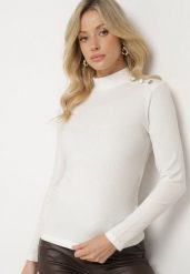 Biała Bluzka z Bawełną Ozdobiona Guzikami Falida. Białe bluzki damskie Born2be, xl, z aplikacjami, z bawełny, eleganckie, bez kołnierzyka, bez ramiączek. Za 19.99 zł.