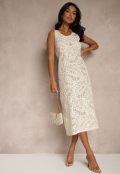 Beżowa Bawełniana Sukienka w Stylu Boho z Szydełkowymi Zdobieniami Baniella. Brązowe sukienki damskie Renee, na co dzień, na lato, z aplikacjami, z bawełny, boho, bez kołnierzyka, bez ramiączek, midi, proste. W wyprzedaży za 135.99 zł.