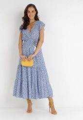 Niebieska Sukienka Cadulenn. Niebieskie sukienki damskie Born2be, l, z aplikacjami, z tkaniny, boho, bez kołnierzyka, bez ramiączek, maxi. W wyprzedaży za 95.99 zł.