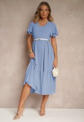 Jasnoniebieska Rozkloszowana Sukienka z Wiskozą w Casualowym Stylu Filarenna. Niebieskie sukienki damskie Renee, na co dzień, l, bez wzorów, z wiskozy, eleganckie, bez kołnierzyka, bez ramiączek, midi, rozkloszowane. W wyprzedaży za 67.99 zł.