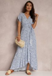 Niebieska Rozkloszowana Sukienka z Wiązanym Paskiem i Ozdobną Falbanką Holm. Niebieskie sukienki damskie Renee, na co dzień, na lato, l, bez wzorów, eleganckie, bez kołnierzyka, bez ramiączek, rozkloszowane. W wyprzedaży za 69.99 zł.