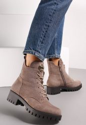 Szare Botki Workery z Sznurowaniem Heggea. Szare botki damskie Renee, na jesień, bez obcasa, na płaskiej podeszwie, bez zapięcia. Za 139.99 zł.