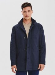 PAKO LORENTE – Granatowy płaszcz jesienny. Niebieskie płaszcze męskie Pako Lorente, na jesień, bez wzorów, z bawełny. Za 499.99 zł.