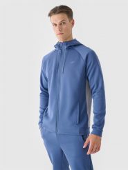 4F Bluza treningowa rozpinana z kapturem męska - niebieska XXL. Niebieskie bluzy sportowe męskie 4f, bez wzorów, z dzianiny, sportowe, bez kołnierzyka, bez ramiączek. W wyprzedaży za 99.99 zł.