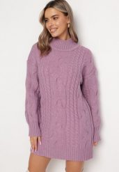Fioletowy Luźny Sweter w Warkoczykowy Splot Sentlia. Fioletowe swetry klasyczne damskie Born2be, ze splotem, bez kołnierzyka. Za 149.99 zł.