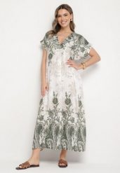 Zielona Sukienka z Lnem o Pudełkowym Kroju w Kwiatowy Wzór Feveleine. Zielone sukienki damskie Born2be, na lato, l, z aplikacjami, z materiału, eleganckie, bez kołnierzyka, bez ramiączek, maxi. W wyprzedaży za 67.99 zł.