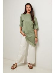 Le Monde du Lin Tunika w kolorze zielonym rozmiar: 34/36. Zielone tuniki damskie Le Monde du Lin, bez wzorów, z bawełny, z asymetrycznym kołnierzem, bez ramiączek. Za 100.99 zł.