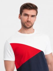 Trójkolorowy t-shirt męski bawełniany - biało-granatowy V3 OM-TSCT-0174 - XXL. Białe t-shirty męskie Ombre Clothing, l, bez wzorów, z bawełny, bez kołnierzyka. W wyprzedaży za 29.99 zł.