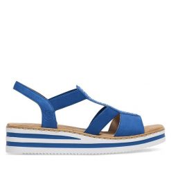 Sandały Rieker. Niebieskie sandały damskie Rieker, bez wzorów, bez obcasa, na koturnie. Za 299.99 zł.