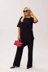 Czarny komplet bambusowy Marlene | Spodnie z asymetryczną tuniką PLUS SIZE XXL OVERSIZE WIOSNA LATO. Czarne spodnie materiałowe damskie Moda Size Plus Iwanek, bez wzorów, z dzianiny, eleganckie, plus size. Za 369.90 zł.
