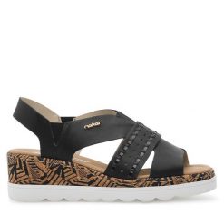 Sandały Rieker. Czarne sandały damskie Rieker, bez wzorów, bez obcasa, na koturnie. Za 269.99 zł.