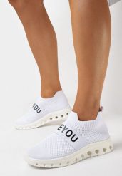 Białe Buty Sportowe ze Skarpetkową Cholewką i Napisem Thirllas. Białe buty sportowe na co dzień damskie Born2be, bez wzorów. Za 54.99 zł.