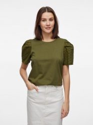 Vila Koszulka w kolorze khaki rozmiar: XS. Brązowe bluzki damskie Vila, xs, bez wzorów, z bawełny, bez kołnierzyka, bez ramiączek. Za 65.85 zł.