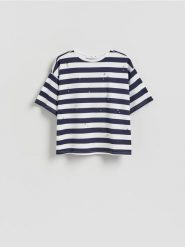 Bawełniany t-shirt z aplikacją - granatowy. Niebieskie t-shirty damskie Reserved, l, z aplikacjami, z bawełny, bez kołnierzyka. Za 89.99 zł.