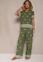 Zielony Wiskozowy Komplet Bluzka z Kołnierzykiem i Spodnie o Szerokim Kroju Janovaria. Zielone spodnie materiałowe damskie Renee, z aplikacjami, z wiskozy, eleganckie. Za 89.99 zł.